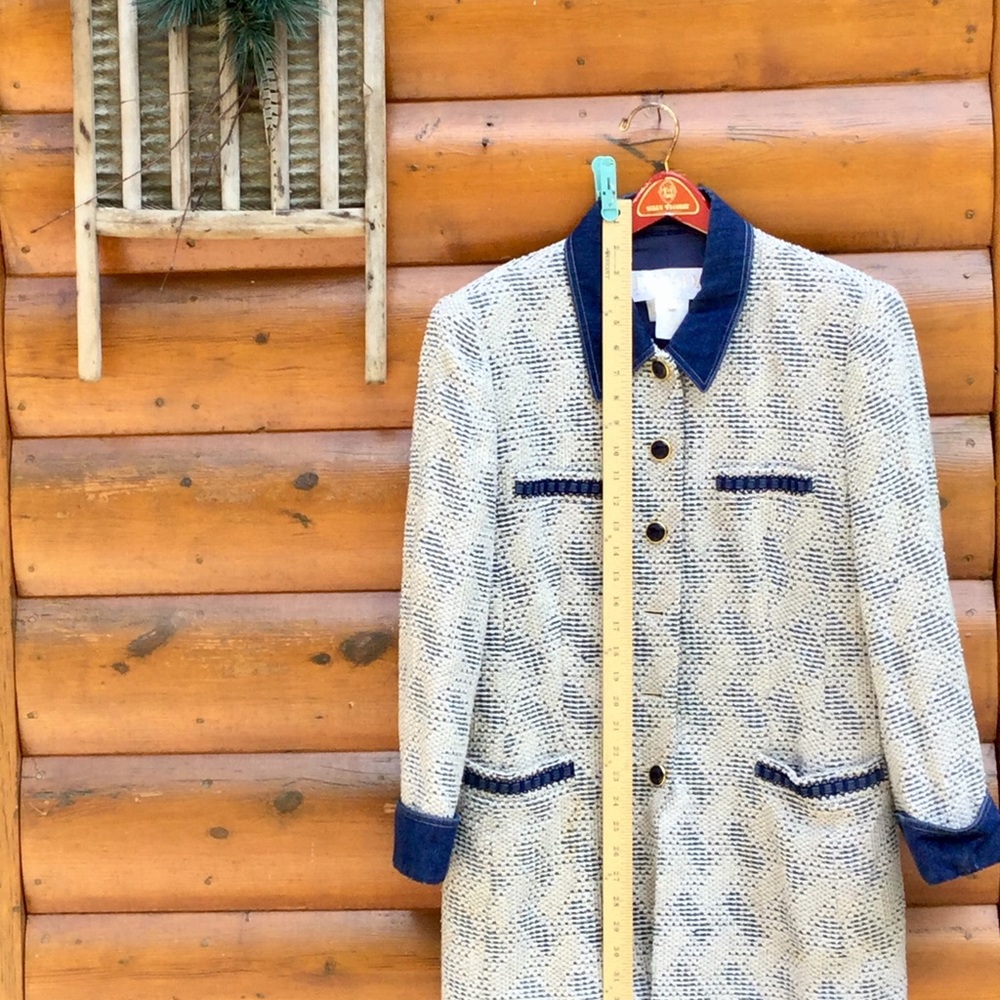 ⚜️ Escada TWEED DENIM   EPLVC Very RARE 
GOLD Accents 3/4 BLAZER Sz 12